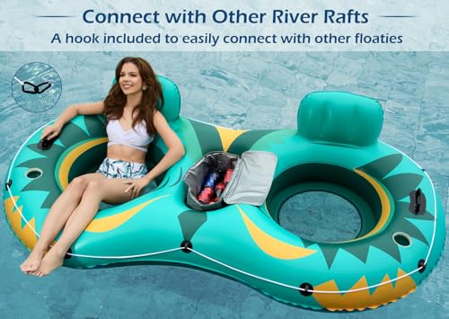 Image of Jasonwell Inflatable River Tube Float - 2 Person Heavy Duty River Float Pool Floats with Removable Cooler Lake Water Tubes for Floating River Raft Lounge Floatie with 2 Cup Holders for Adults (Green)