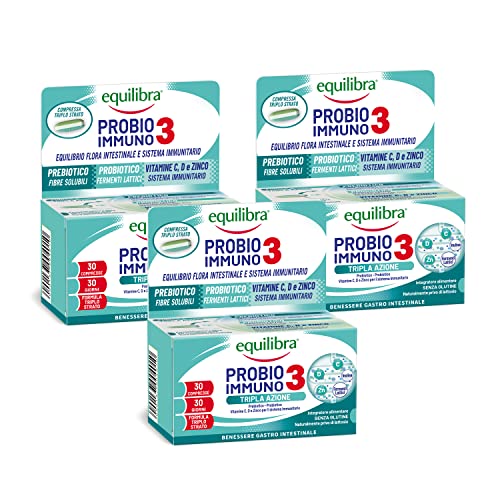 Equilibra Integratori Alimentari, Probio 3 Immuno, Fermenti Lattici Probiotici e Prebiotici per Flora Intestinale con Vitamine C, D e Zinco, 3 Pezzi da 30 Compresse Triplo Strato Rilascio Graduale