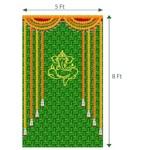 Image of DHARA CREATION Divine Ganesha with Hanging Flowers Backdrop - 8ft x 5ft, Premium Polyester Fabric, Ideal for Pooja, Religious Ceremonies, and Home Decor. Washable Fabric, Green