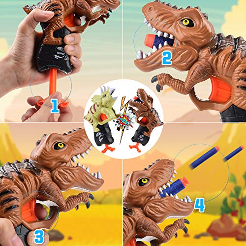 Happitry Dinosaur Blaster Gun Toys For Boys 3 4 5 6 Year Old, Small Dino Foam Guns For Toddlers Age 3-5, Cool Toddler Toy Gun Gifts For Little Kids Birthday Or Christmas, 2 Pack T-Rex & Triceratop #TOP2