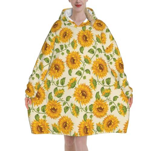 Sweat à capuche couverture en flanelle motif tournesol avec manches et poches pour adulte