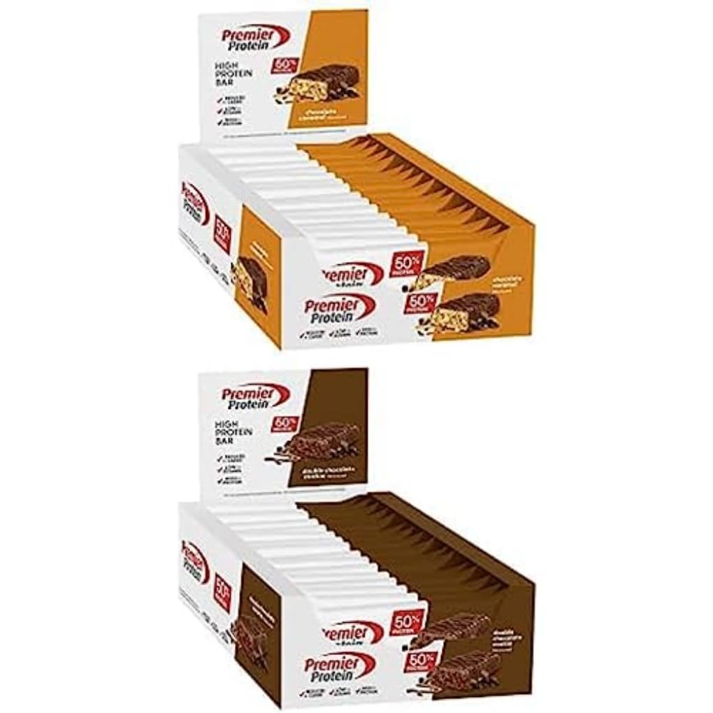 Bundle of Premier Protein Protein Bar Chocolate Caramel 16x40g + Double Chocolate Cookie 16x40g - Haute teneur en protéines + Sans huile de palme
