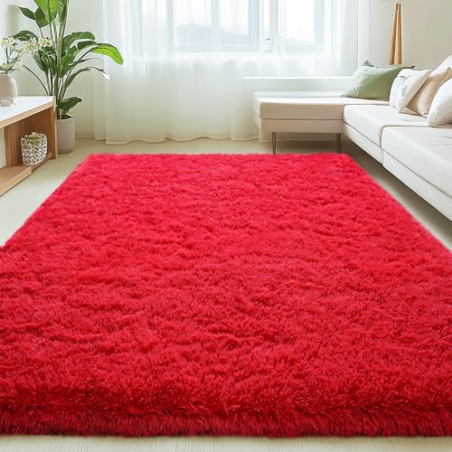 Red Rugs for Living Room, 6x9 Large Fluffy Area Rugs for Bedroom, Soft Carpet Shag Kids Room Rug, Non-Slip Fuzzy Rugs Indoor (Red, 6ft x 9ft)