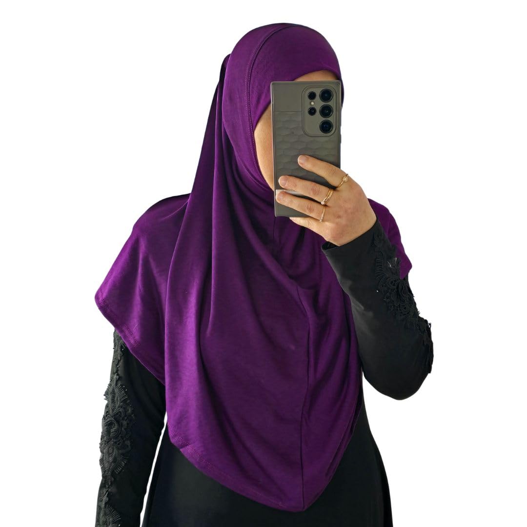 Yaqeen One Piece large Hijab cotton/Jersey women instant Amira Khimar Instant scarf islamic salah prayer clothes (Purple)