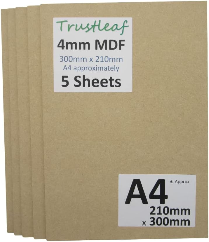 Trustleaf 4mm Sheets of MEDITE Premier MDF 210mm x 300mm, A4 Approx. Pack of 5, light brown, 210mm x 300mm (A4 approx 8" x 12")