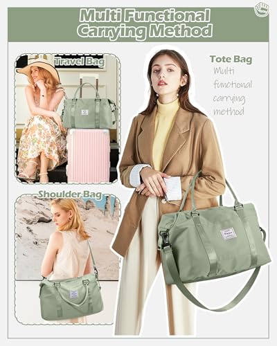 Image of Travel Duffel Bags for Women Mens Waterproof Weekender Carry on Bag Sports Gym Bag Travel Tote Bags with Wet Pocket Overnight Bag Workout Duffel Bags with Trolley Sleeve Grey Green