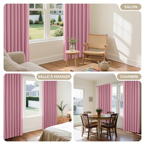 Image of Joydeco Curtains with Concealed Loops, Set of 2, H 200 x W 140 cm, Pink Blackout Opaque Curtain Rod Pocket Curtains, Blackout Curtains, Bedroom, Living Room