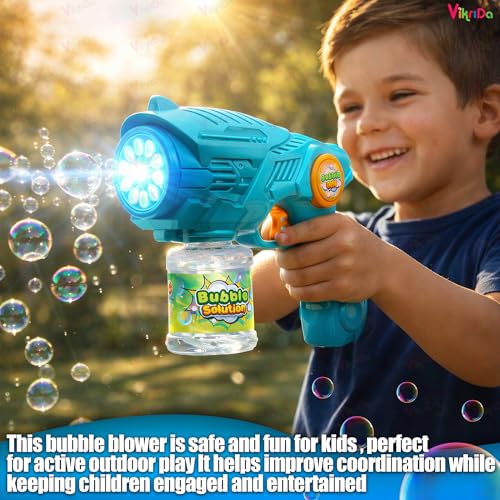 Image of VikriDA Bubble Gun Machine for Kids 4-8 | Automatic Bubble Blasters with Refill Solution Bottles | Outdoor Summer Toy for Parties & Play - Blue