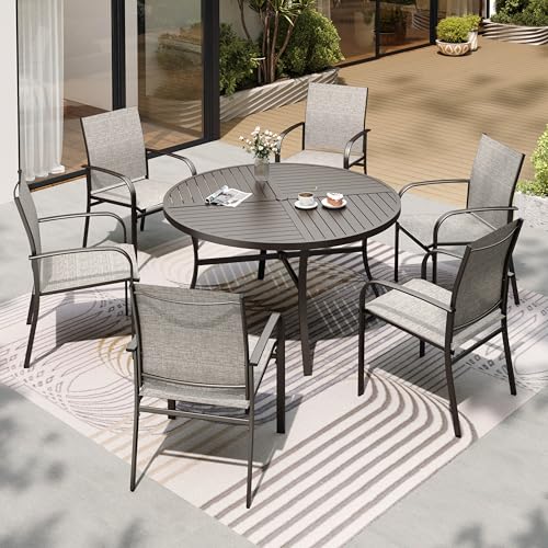 SUNSHINE VALLEY 7 Piece Outdoor Dining Set for 6, 54" Round Metal Table with Umbrella Hole, 6 Brown Dining Chairs, Patio Table and Chairs Set for Backyard Lawn