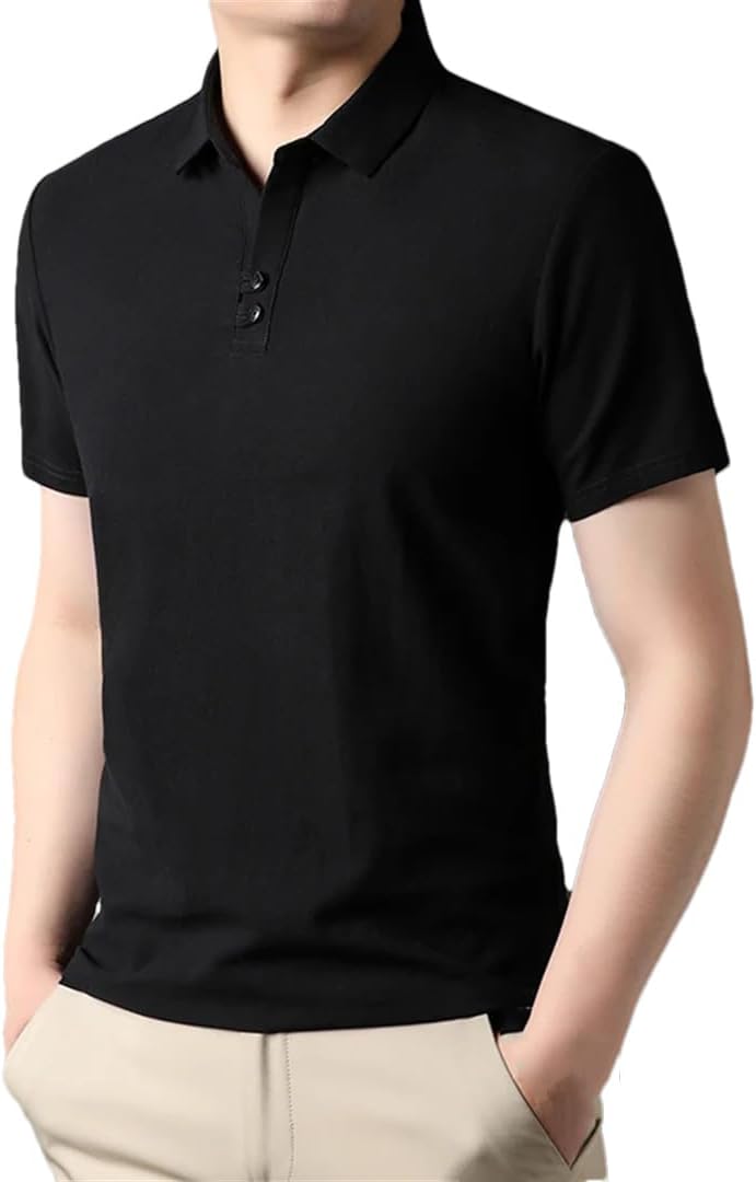 Men Solid Business Casual Polo Shirt Short Sleeve Lapel Button Slim Shirts Top