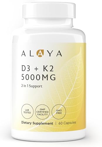 Alaya Naturals - Vitamina D3 + K2-5000 UI de D3, 50 mcg K y 15 mcg de K2