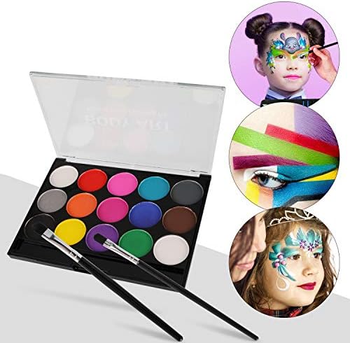 HOWAF Body Painting Face Paint Kit, 15 Color Non-Toxic Professional Palette, 60 Stencils, 2 Brushes, 8 Sponges, 2 Glitters for Halloween Party Colsplay Makeup Body Festive Face Paint Kids