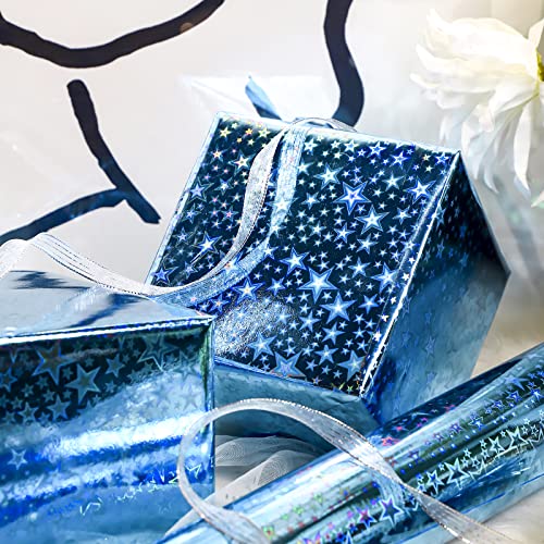 Lezakaa Blue Holographic Wrapping Paper - Mini Roll - Star Print For Birthday, Holiday - 17.32 Inches X 32.8 Feet (47.23 Sq.ft.) #TOP1