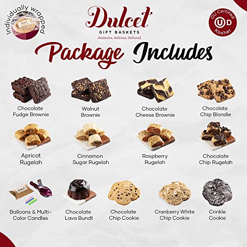 Dulcet Gift Baskets Birthday Party Goodies In A Box With Candles And Balloons, Fresh Chunky Cookies, Chocolate Brownies, Mini Fluted Chocolate Cake And Rugelah For Birthday Parties, Friends, Family, Kids, Him, Her & Parents #TOP2