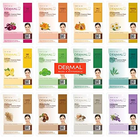 DERMAL 12 Combo Pack Collagen Essence Korean Face Mask New Value Set - Hydrating & Soothing Facial Mask with Panthenol - Hypoallergenic Sheet Mask for All Skin Types - Natural Home Spa Treatment Mask