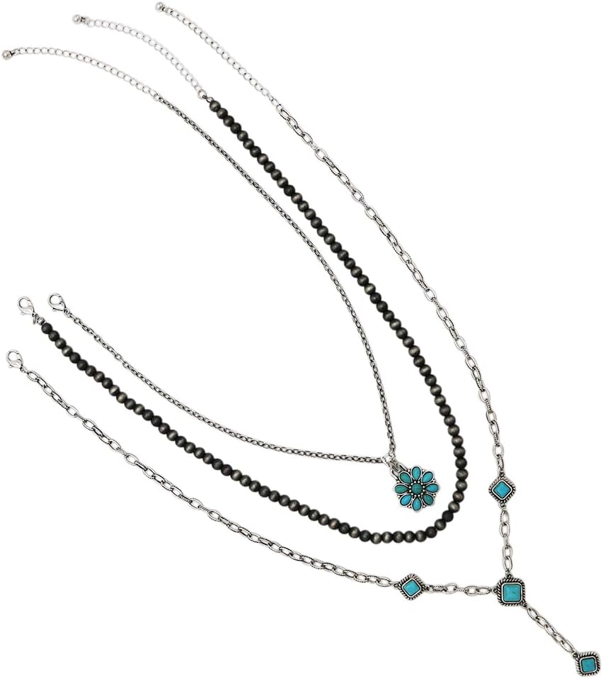 Rosemarie & Jubalee Western Layering Necklace Set, Burnished Silver with Turquoise Howlite, 3-Piece Y-Drop, Pendant Necklace and Navajo Pearl, Adjustable 16-24 Inch