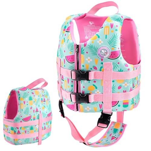 Pottwal Swim Vest for Kids - Swim Jacket for 1-2 Years (24-33LBS) - Buoyancy Aid Made of Neoprene & EPE - with Adjustable Crotch Strap Green Fruits and Flowers Large