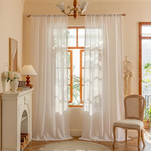 Image of MYSKY HOME Semi Sheer Light Filtering White Bohemian Curtains for Sliding Door 96 Inches Long，Back Tab Ceiling Curtains with Tassel for Living Room Bedroom, 50 inch x 96 inch，Pure White，2 Pieces