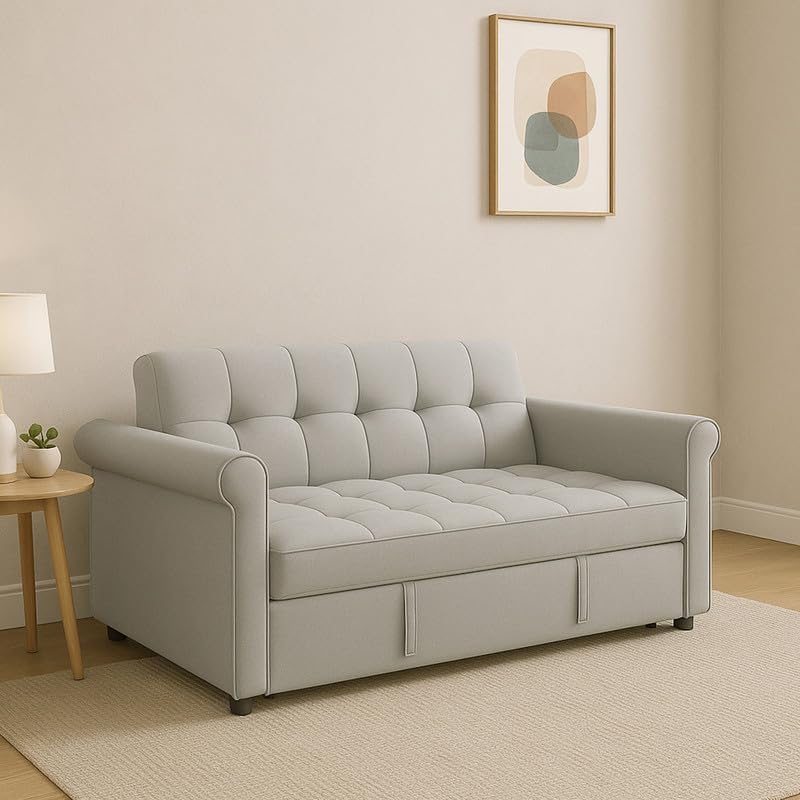 Convertible Velvet Loveseat Sofa, Modern 2-in-1 Pull-Out Sleeper Sofa Couch with Side Pocket, Compact Design Futon Couches with Adjustable Backrest 2-Seater Sofa Bed for Apartment, Bedroom, Grey