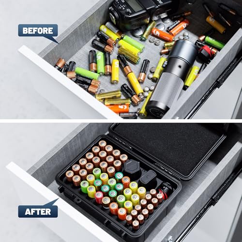 Hard Shell Battery Organizer Holder with Small Battery Tester, IP68 Waterproof Multi 82 Slots Batteries Vault Case for 40 AA & 12 AAA & 12 CR2032 CR2025 & 18 LR44 Button Cell/2 D Size Batteries Case by Kiorafoto - Image 7