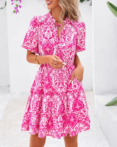 Image of BTFBM Women Summer Floral Short Dresses V Neck Short Sleeve Tiered Ruffle Boho Swing Dress A-Line Mini Dresses