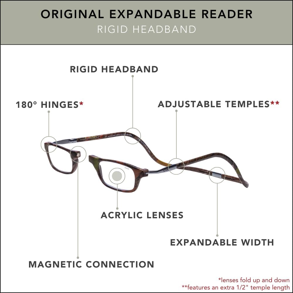 Clic Magnetic Reading Glasses - Adjustable Neck Hanging Readers - Secure Fit with Rigid Headband - Original Expandable (M-XL, Kings Camo, 2.00)
