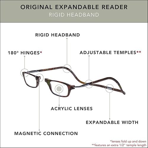 Vista 8 de Clic Lentes de lectura magnéticos, patillas ajustables, lectores de computadora, originales expandibles, (M-XL, camuflaje de reyes, aumento de 2.50)