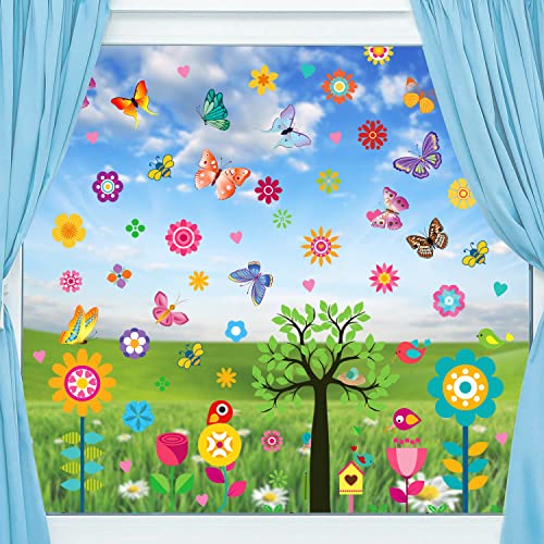 Barkeni Fensterbilder Frühling, 9 Stück Wiederverwendbar Fensterbilder Frühling Kinder, Blumen Schmetterlinge Fensterdeko Aufkleber Fensterfolie für Kinderzimmer Party Zubehör Cover