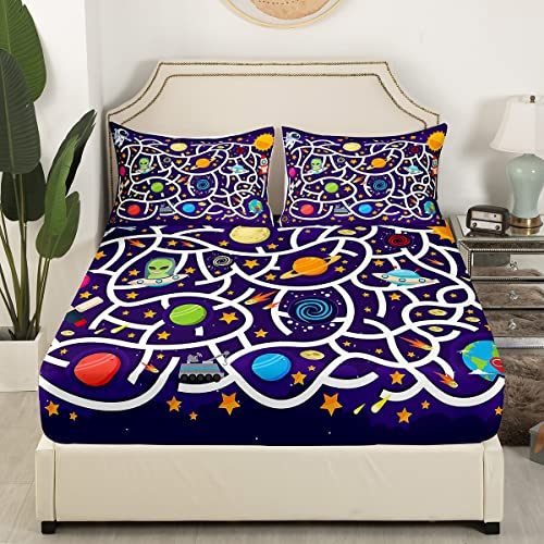 Galaxy Series Fitted Sheet Starry Sky Maze Bedding Sets Queen Size Alien Astronaut Bed Sheets For Kids Toddler Children,Rocket Spacecraft Mystery Outer Space Bedroom Decor #TOP2