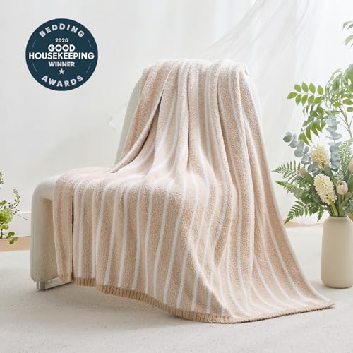 Image of Snuggle Sac Ultra Soft Beige Throw Blanket for Couch, Reversible Cozy Knitted Ribbed Blanket for Sofa, Bed, Home Decor 50 inchx60 inch