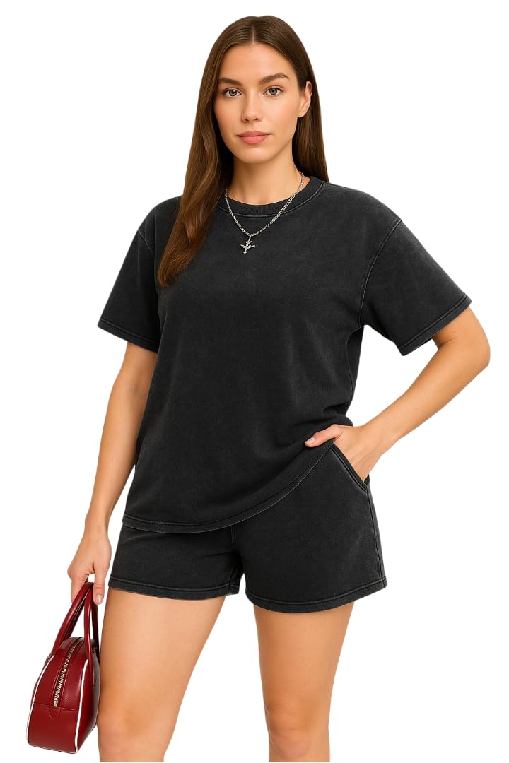 KSHS Women's Cotton Printed Night Suit Set of Top & Shorts - L - Acid Wash Black