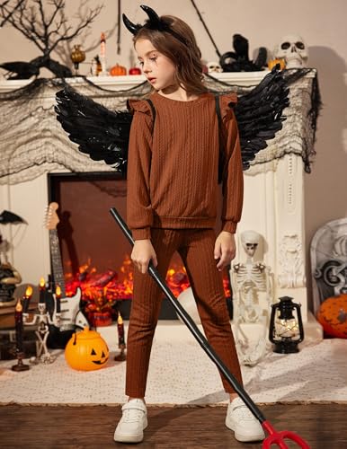 Image of Arshiner Toddler Girl 2Pcs Ribbed Knit Clothes Ruffle Trim Long-sleeve Pullover Sweatshirt and Leggings Fall Outfits 1-6T