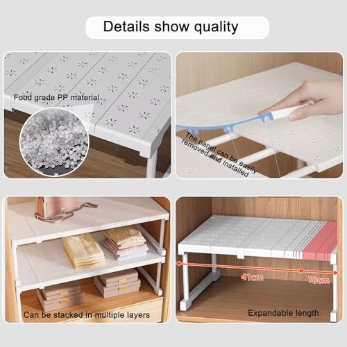 Erweiterbares Schrankregal, Verstellbare Kleiderschrank Organizer Rack, Stapelbar Aufbewahrungsorganizer Teleskopregal, Nagelfrei Teleskop Regaltrenner, T 42cm, H 22cm, Verstellbare Länge 37-48cm