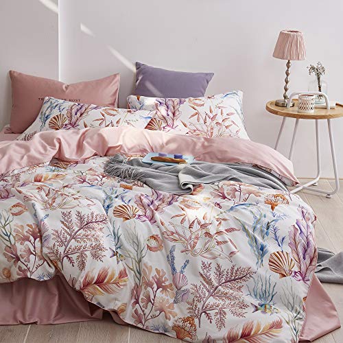 Pink Floral Duvet Cover Set Queen Seaweed Shell Fish Print Cotton Bedding Set Full Sea Ocean Theme Reversible Comforter Cover Set Long Staple Cotton Duvet Cover Queen Bedding Collection