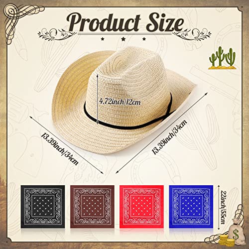 Image of Coume 36 Set Straw Cowboy Hats with Bandana Include 36 Cowboy Party Hats 36 Western Scarf in 4 Color for Cosplay Accessories