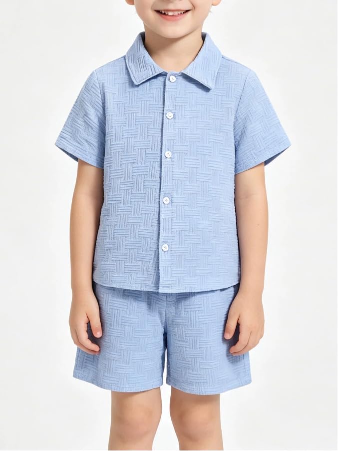 Image of Boys 6 Pieces Summer Beach Outfits Short Sleeve Button Down Shirts and Shorts Vacation Texture Sets for Kids