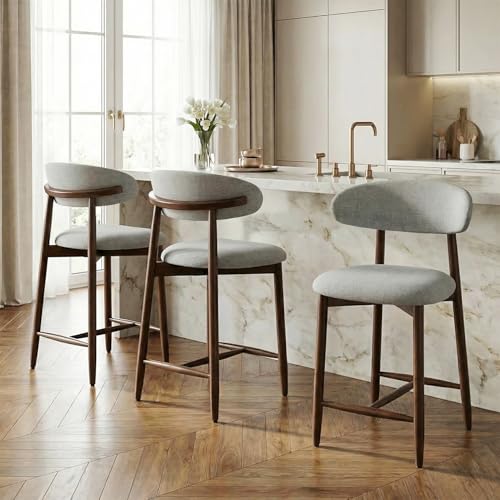 Image of Bar Stools Set of 3, 25.6″ Counter Height Bar Stools with Wood Legs, Upholstered Modern Kitchen Barstools for Kitchen Island Dining Room Bar, Light Grey
