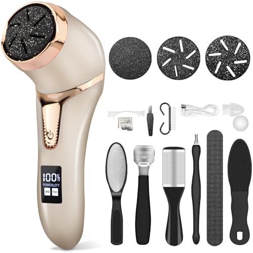 Image of Callus Remover for Feet (with Dander Vacuum), Portable Pedicure Kit Foot File Callus Remover, Rechargeable Waterproof Foot File for Foot Care Deadskin Remover with 3Head&LCD Display, Gold