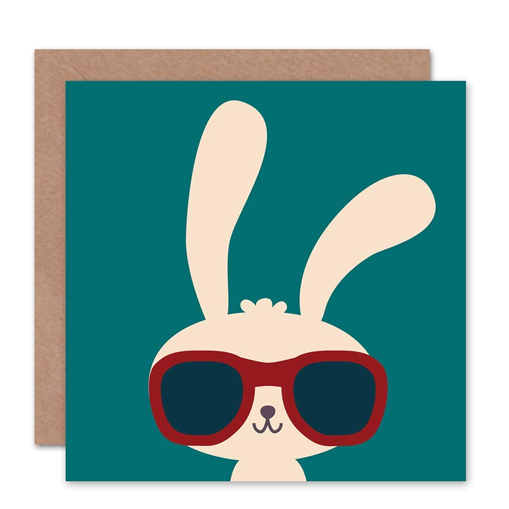 Boy Bunny Teal Cute Happy Sunglasses Easter Blank Greeting Card With Envelope