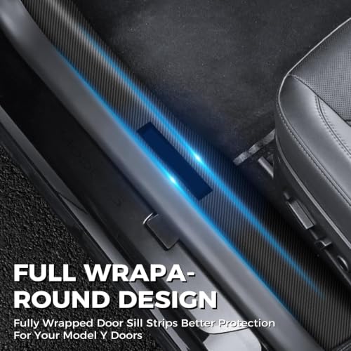 Image of 4 Pcs Door Sill Protector for Tesla Model Y 2019-2024 Only for 5 Seater - Carbon Fiber Scuff Plate Guards with Installation Kit Front & Rear Pedal Kick Protection Fit for Tesla Model Y Accessories