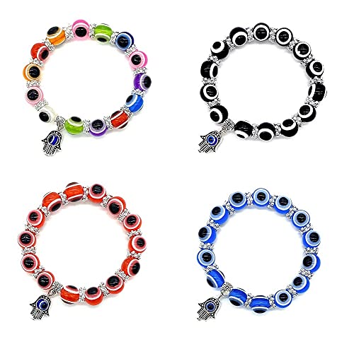 Pingyongchang 4pcs Evil Eye Hamsa Blue Beaded Charm Stretch Bracelet Hand of Fatima Turkish Lucky Evil Eye Bracelet for Protection and Blessing