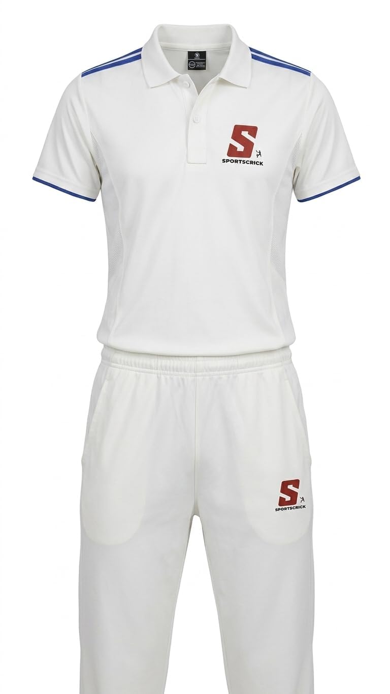 SportsCrick Men's Cricket Whites Half Sleeve T-Shirt and Trouser Set, Blue Stripe, Sizes S M L XL XXL, Cricket Uniform Kit-image-29