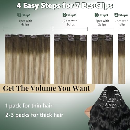 Image of Ugeat Clip in Hair Extensions Real Human Hair Balayage 18 Inch 7pcs 120g | Hair Extensions Clip in , Dark Brown Balayage Chocolate Brown Mix Light Brown , Hair Clip in Extensions