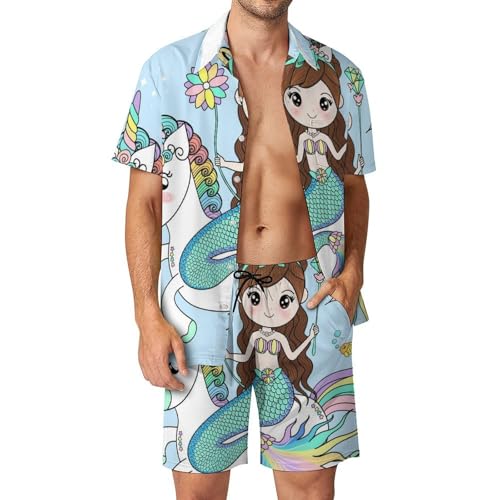 Ensemble hawaïen homme avec chemise et short sirène licorne taille S