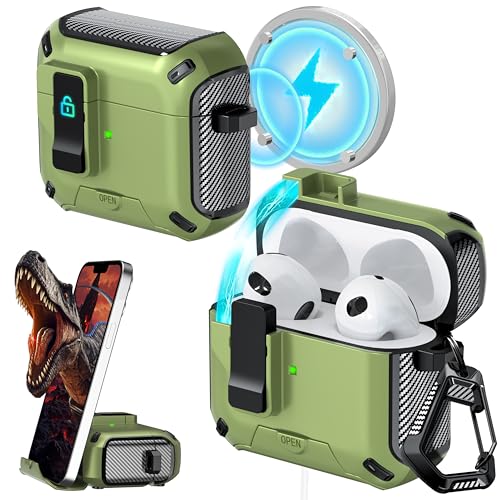 Image of RFUNGUANGO AirPods 3 Case with Lock Magnetic Lid Phone Stand, Olive Green