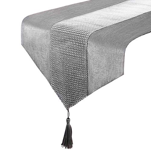 Tassel Table Runner, Wedding Table Runner with Rhinestone Strip Elegant Dining Table Runner Decorative Tapestry for Coffee Table Reception Party Valentine's Day Dinner Banquet, 13x72 Inch Grey