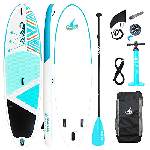 AKD Germany Stand Up Paddling Board Seastar 10'8", 86cm Breite, bis 170Kg Tragkraft, auch als Kajak, komplett mit Qualitätszubehör SUP Board (Cyan) Cover