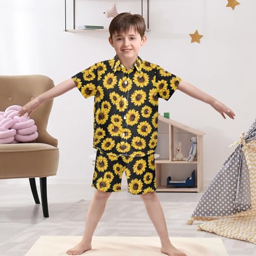 Image of Sunflower Floral Yellow Black Short Sleeve Hawaiian Button Down Shirts and Short Sets for Boys Toddler Summer Outfits