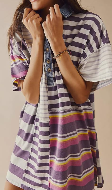 Image of NUFIWI Y2K Striped Shirt Mini Dress for Women Oversized Stripe Tunic Tshirt Dresses Short Sleeve Buttons Loose Fit Tee Dress
