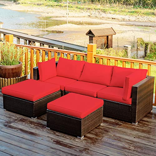 Tangkula 5 Piece Patio Furniture Set, Outdoor Sectional Rattan Sofa Set With Cushions And Coffee Table, Suitable For Backyard Porch Garden Poolside And Deck, Wicker Conversation Set (Red) #TOP17